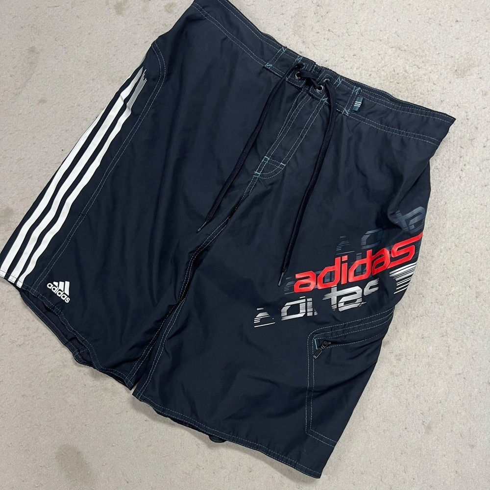 Adidas Board Shorts Mens Large Navy Blue Red Graphic Swim Trunks Skater EUC